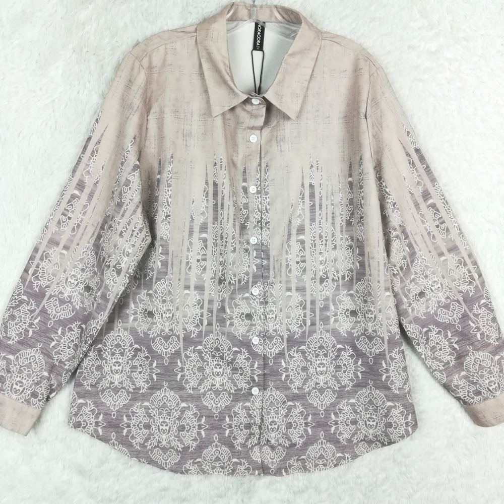 NoraCora Womens Shirt Button Down Floral Beige Gray Gradient Long Sleeve XL‎ New